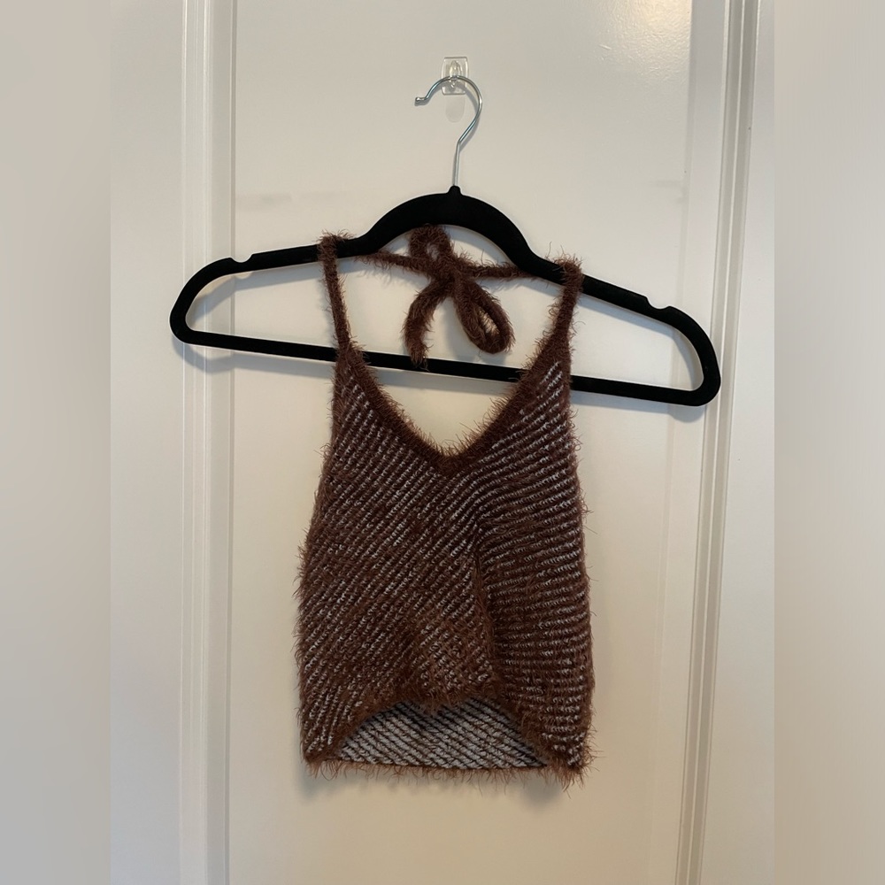 Fuzzy brown and blue halter tank top